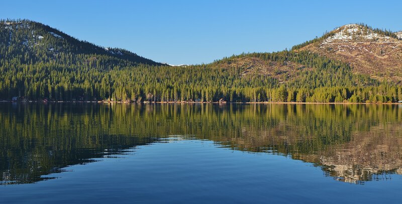 Lake with forested mountains