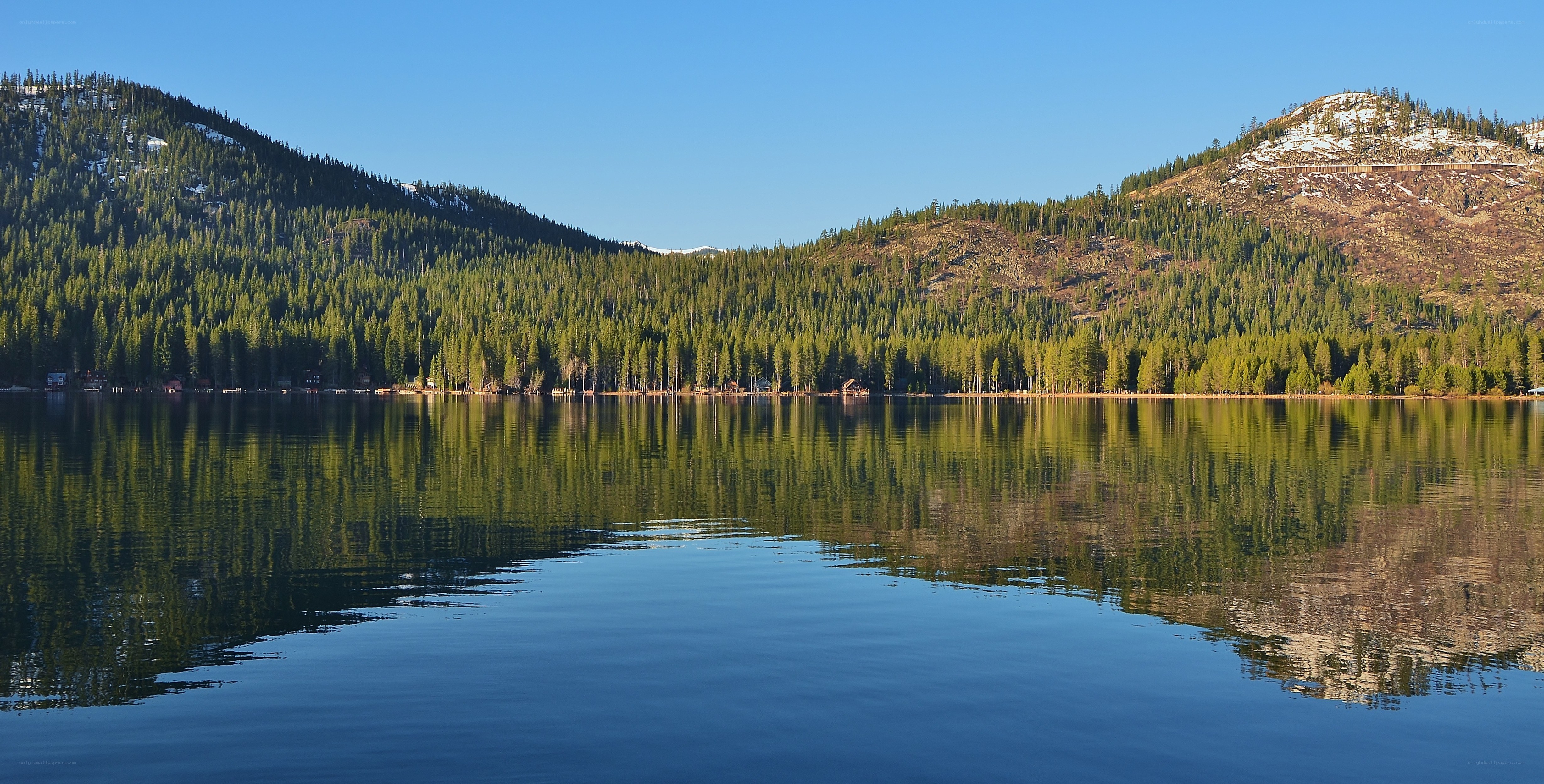 Lake with forested mountains