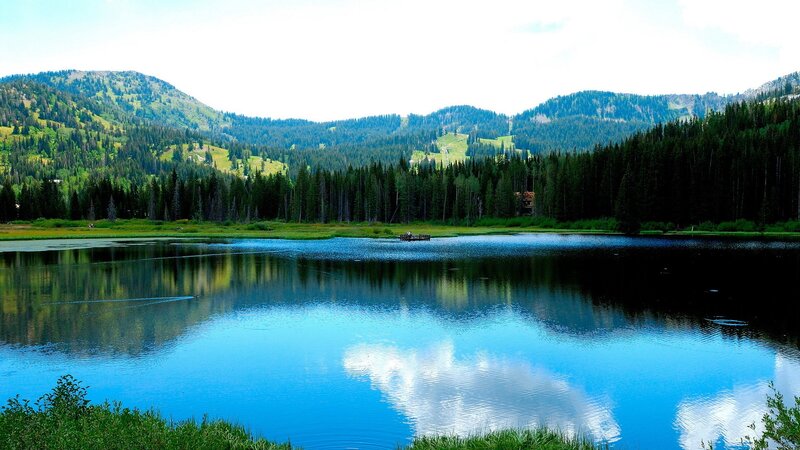 Lake with Forested Mountains — Blue, Serene, Afternoon, Photograph, Forest, Boat