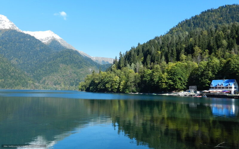 Lake with Forested Mountains — Blue, Serene, Afternoon, Photograph, Forest, Building