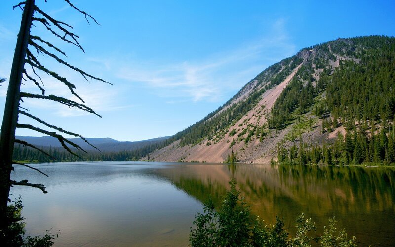 Lake with Forested Mountains — Blue, Serene, Afternoon, Photograph, Trees, Mountain