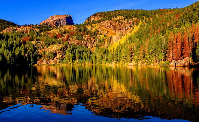 Lake with Forested Mountains — Blue, Serene, Autumn