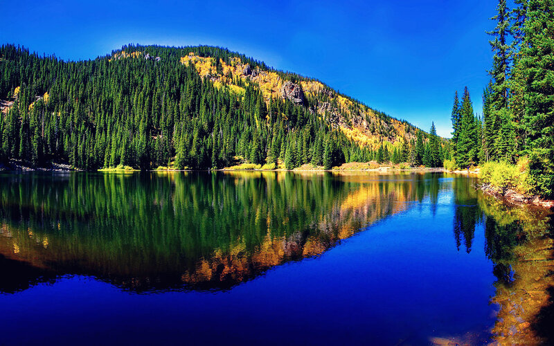 Lake with Forested Mountains — Blue
