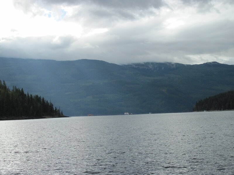 Lake with Forested Mountains — Gray