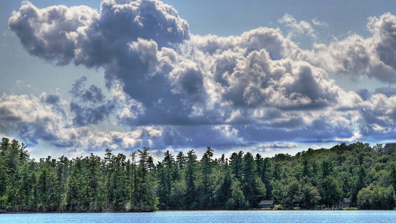Lake with Forested Shore — Blue, Dramatic, Afternoon, Photograph, Clouds, Trees