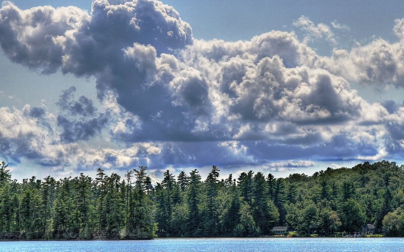 Lake with Forested Shore — Blue, Dramatic, Afternoon, Photograph