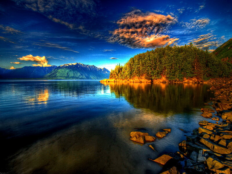 Lake with Forested Shore — Blue, Dramatic