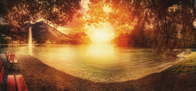 Lake with Fountain and Mountains — Orange