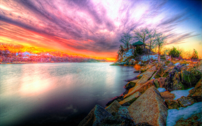 Lake with Gazebo at Sunset — Purple