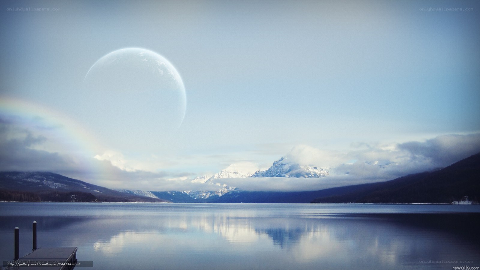 Lake with giant moon and rainbow