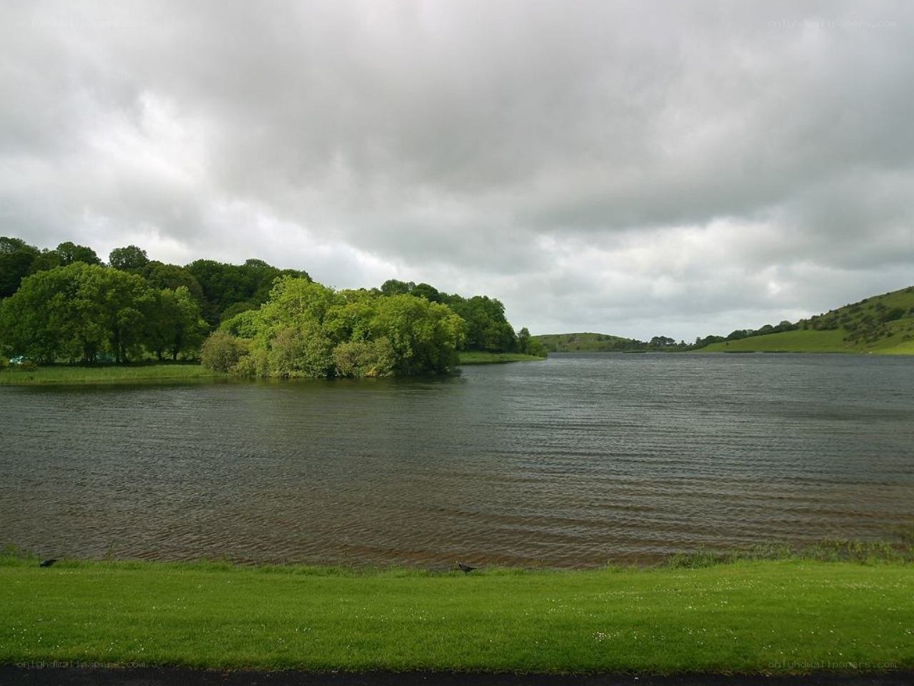 Lake with green trees and cloudy sky