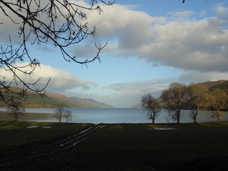 Lake with hills and bare trees