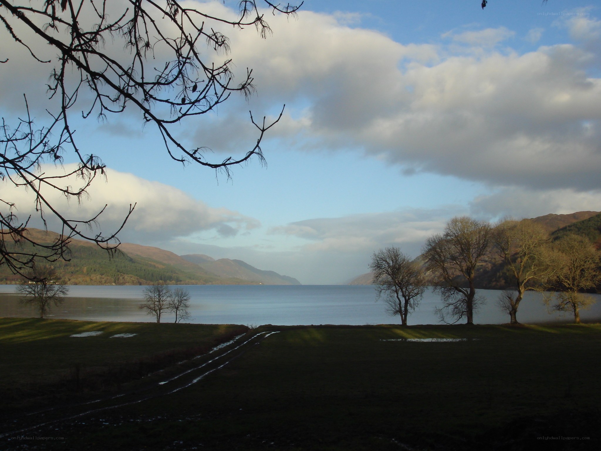 Lake with hills and bare trees