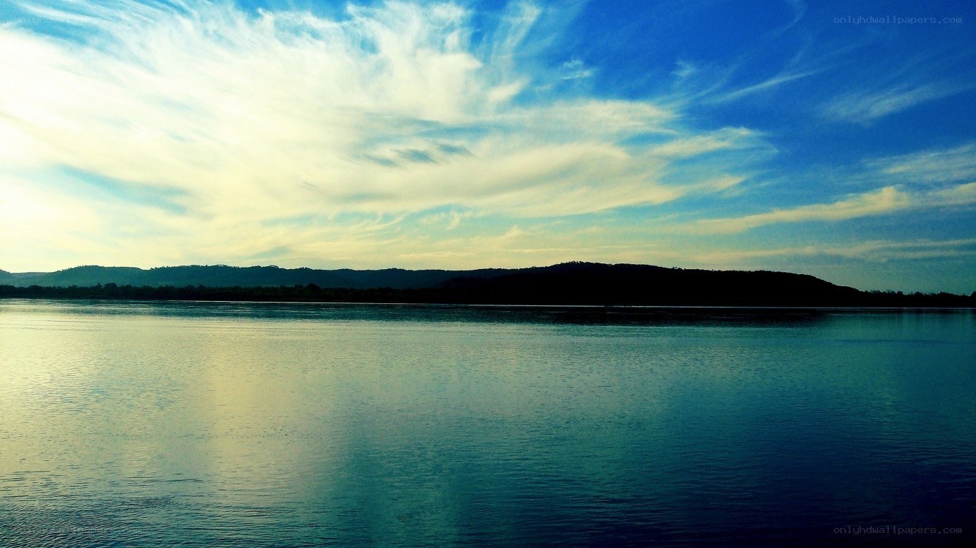 Lake with hills at sunset