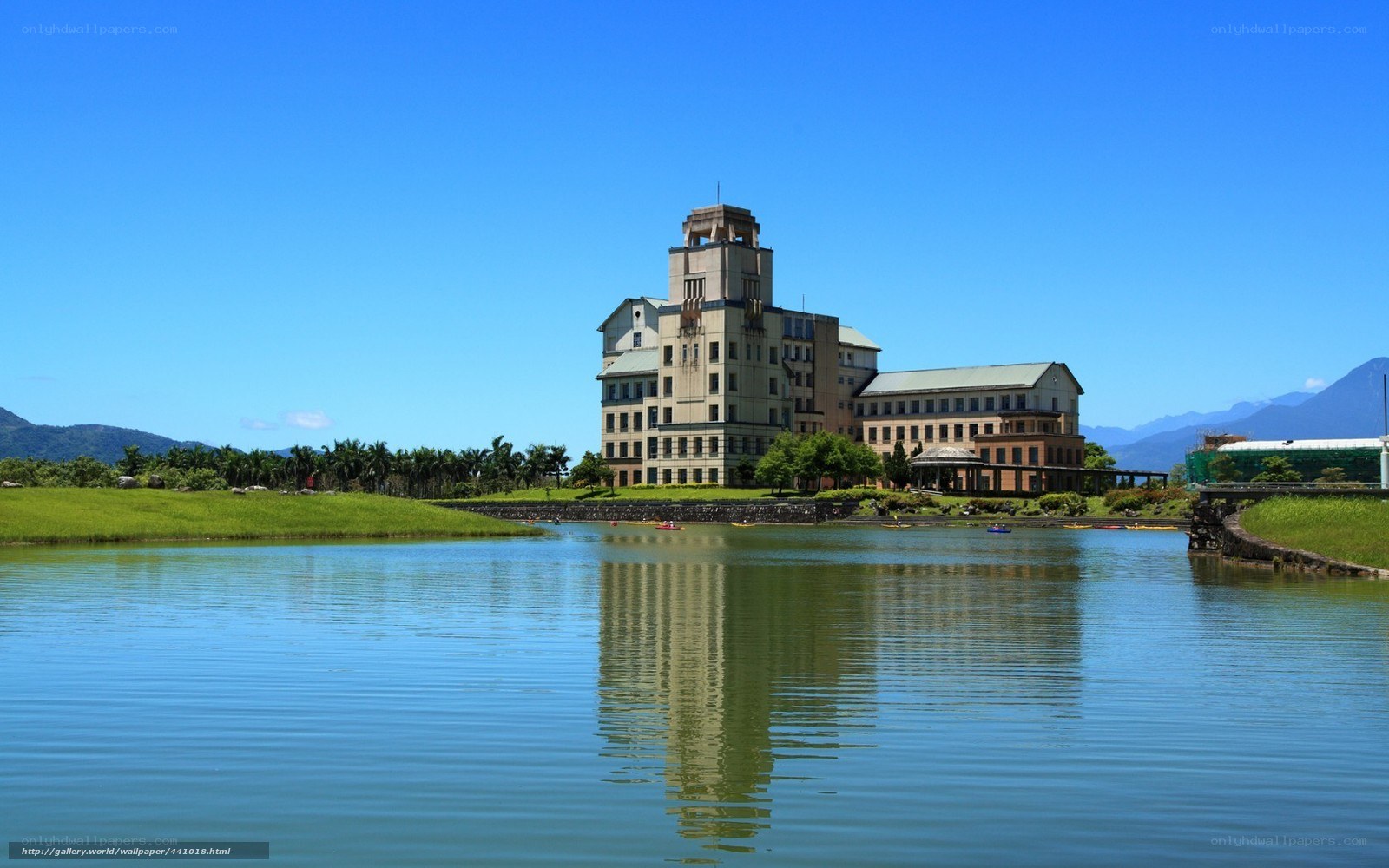 Lake with historic building