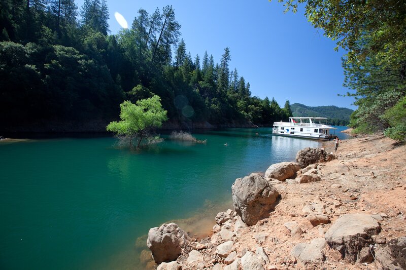 Lake with houseboat and forest