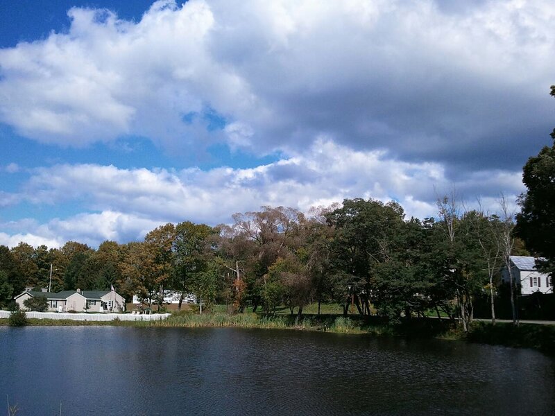 Lake with Houses and Trees — Blue, Serene