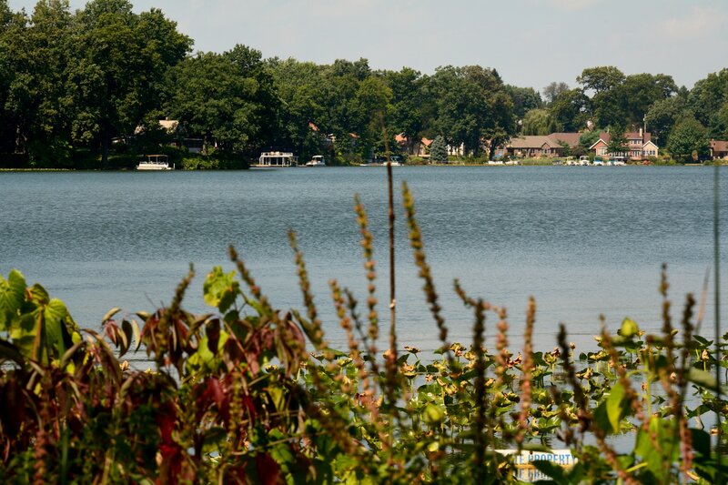 Lake with Houses — Blue, Serene, Afternoon, Photograph