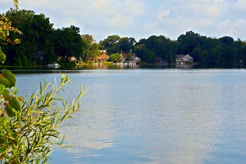 Lake with Houses — Blue, Serene, Afternoon