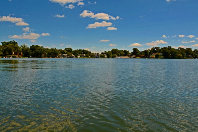 Lake with Houses — Blue, Serene