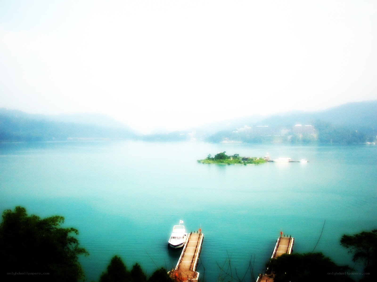 Lake with island and docks