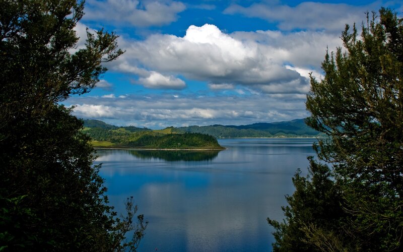 Lake with island and hills