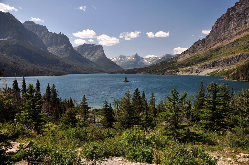Lake with Island and Mountains — Blue, Serene, Afternoon, Photograph