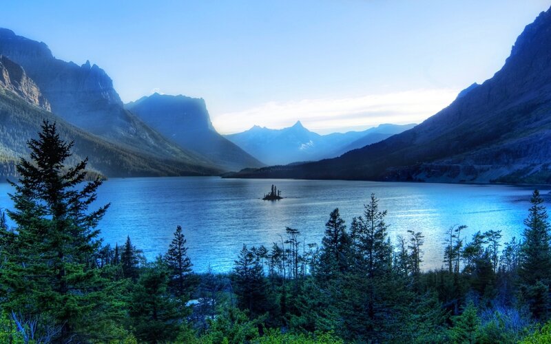 Lake with Island and Mountains — Blue, Serene