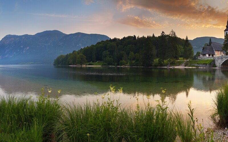 Lake with Island and Mountains — Green, Serene