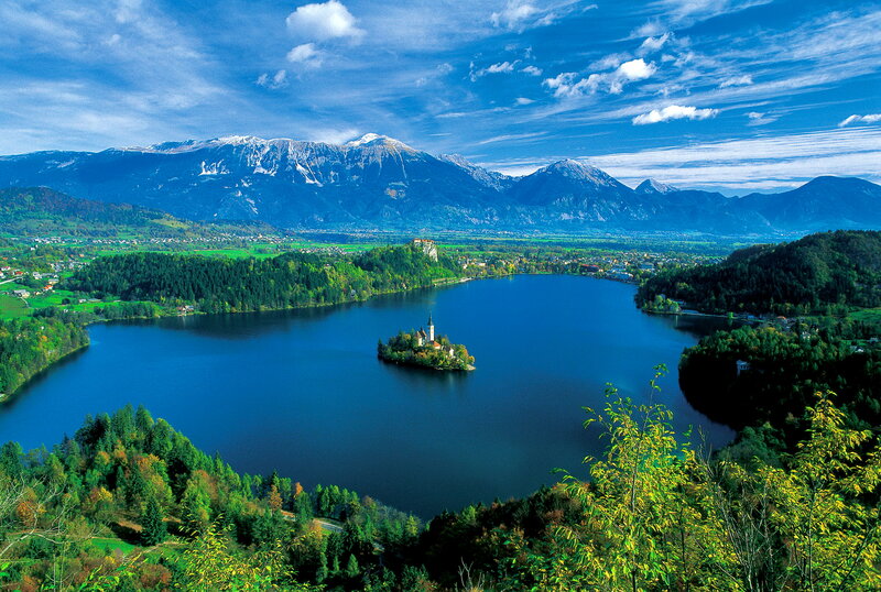 Lake with Island Church — Blue, Serene, Afternoon, Photograph, Mountains