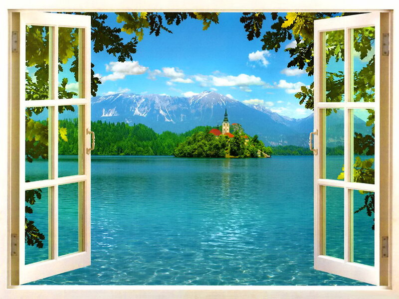 Lake with Island Church — Blue, Serene