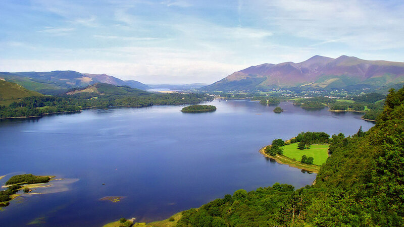 Lake with Islands and Mountains — Blue, Serene, Afternoon, Photograph