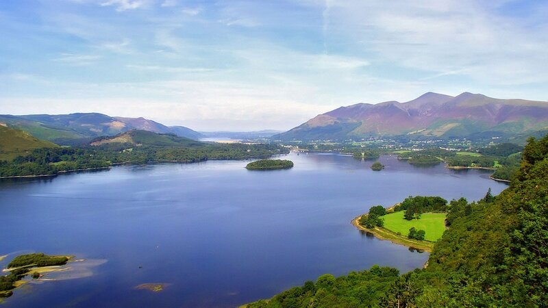 Lake with Islands and Mountains — Blue, Serene, Afternoon, Photograph, Village
