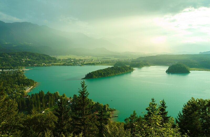 Lake with Islands and Mountains — Green, Serene