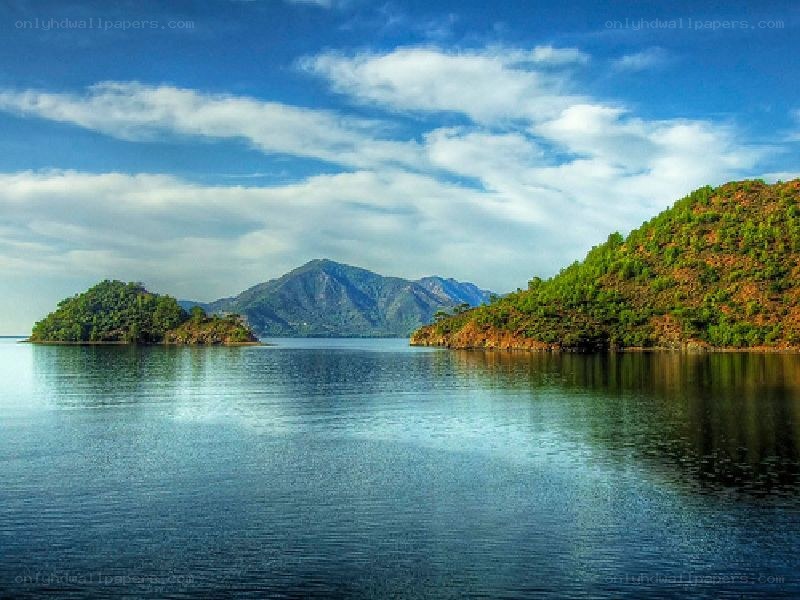 Lake with islands and mountains