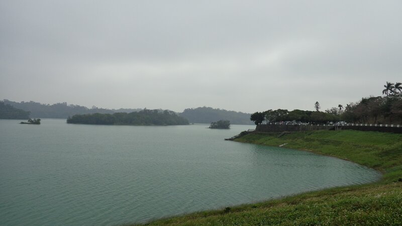 Lake with islands on a cloudy day