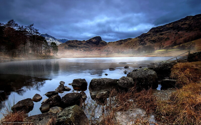 Lake with Misty Mountains — Blue, Dramatic