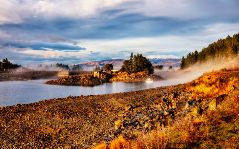 Lake with Misty Mountains — Blue, Serene