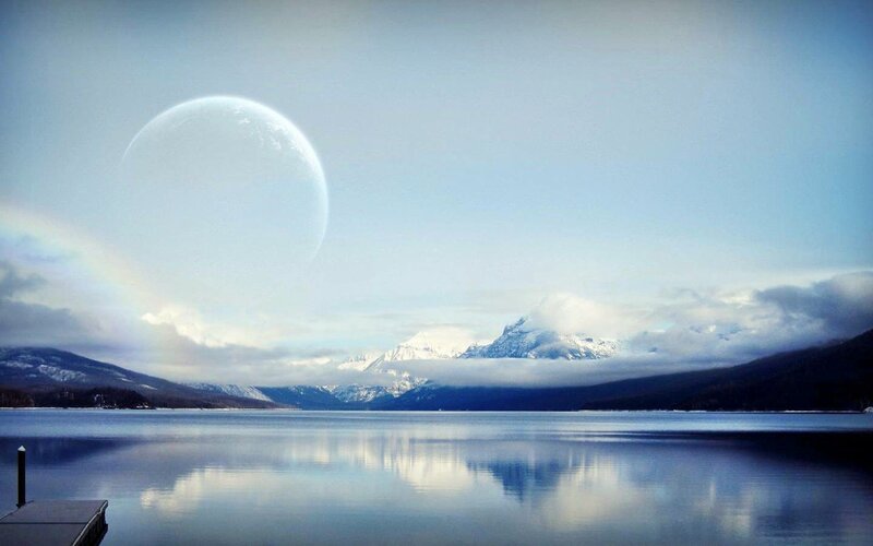 Lake with Moon and Mountains