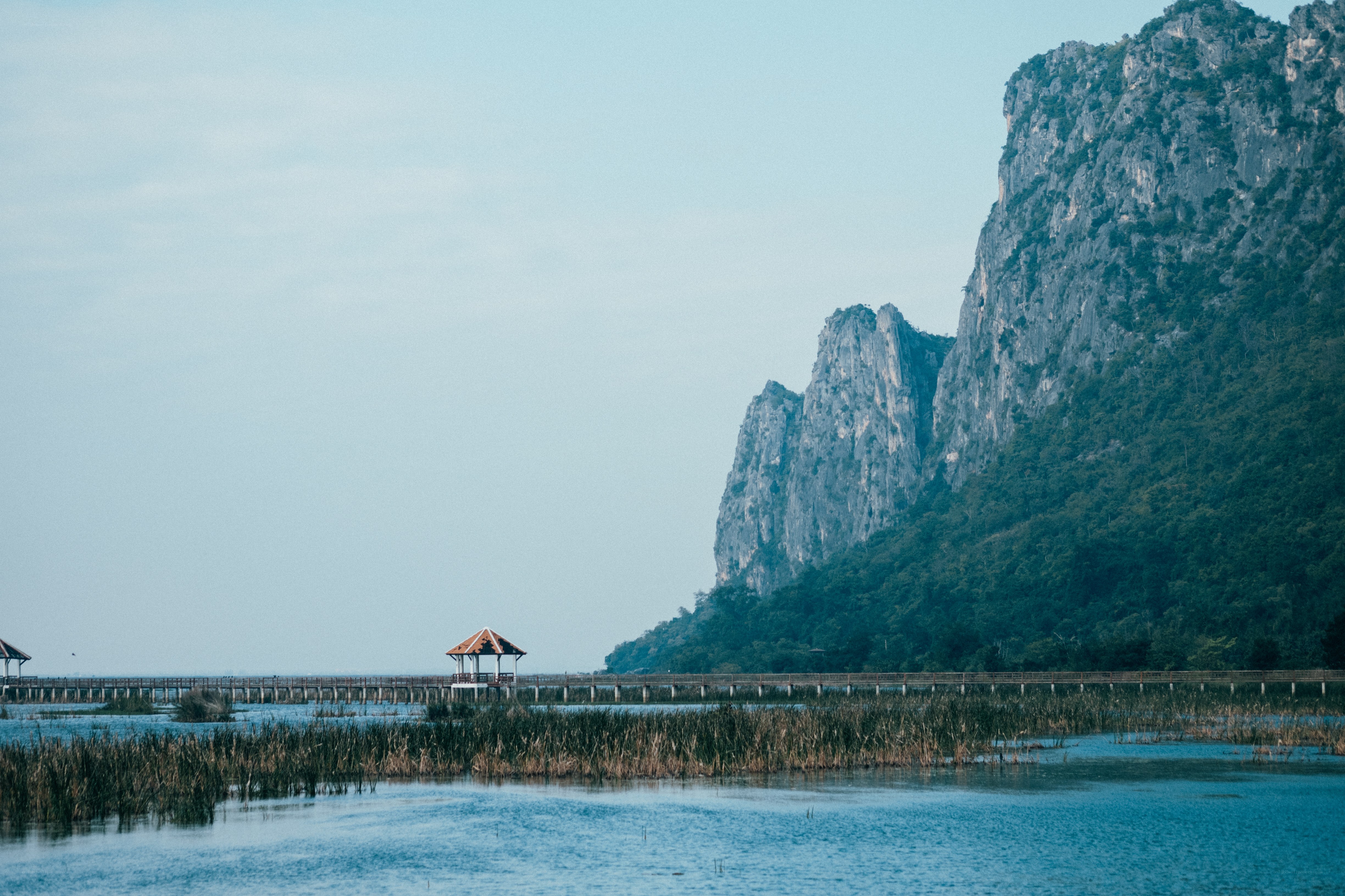 Lake with mountain and pavilion