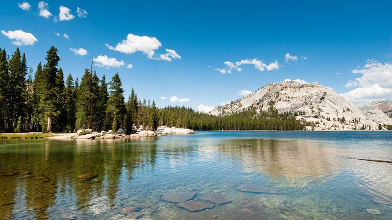 Lake with Mountain Backdrop — Blue, Serene, Afternoon, Photograph, Trees