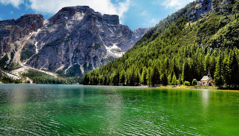 Lake with Mountain Backdrop — Green, Serene