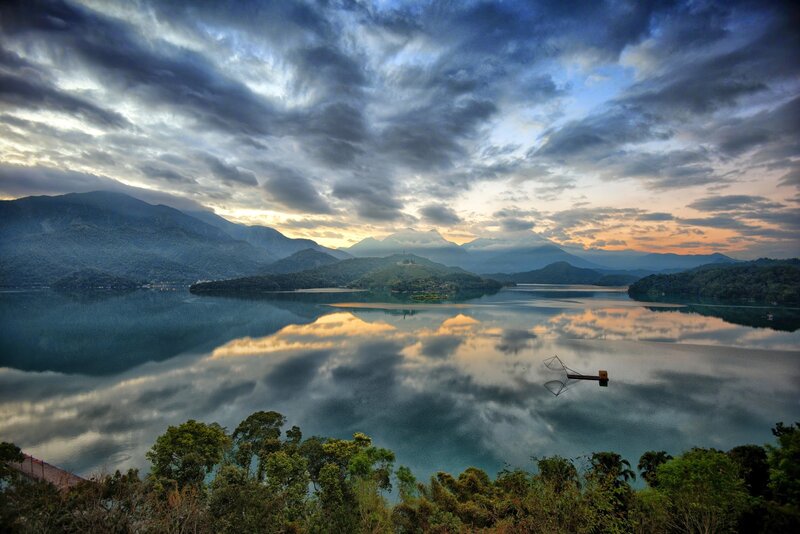 Lake with Mountain Reflection — Blue, Dramatic, Sunset, Photograph, Mountains, Clouds