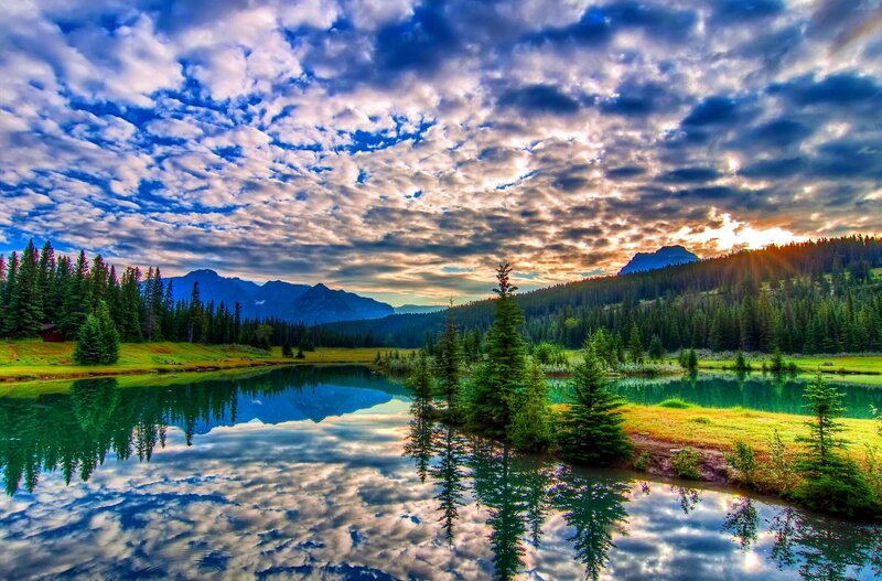 Lake with Mountain Reflection — Blue, Dramatic, Sunset, Photograph, Mountains, Trees, Clouds