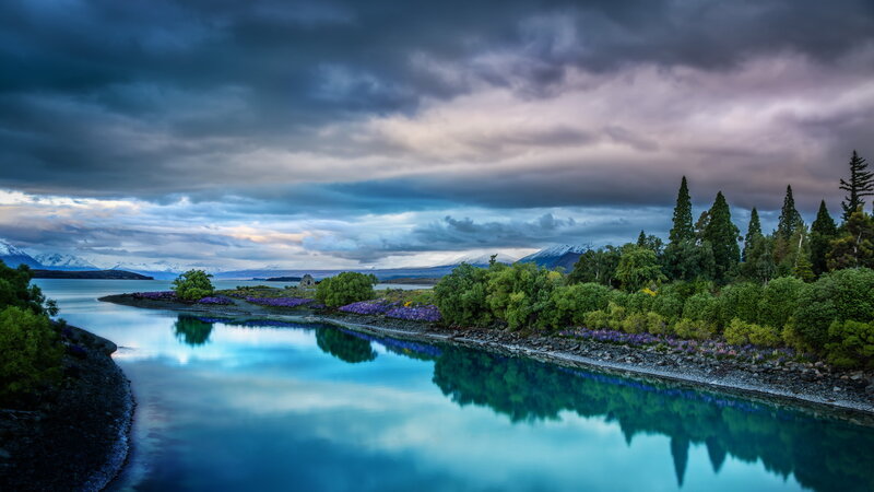 Lake with Mountain Reflection — Blue, Dramatic, Sunset, Photograph, Mountains, Trees