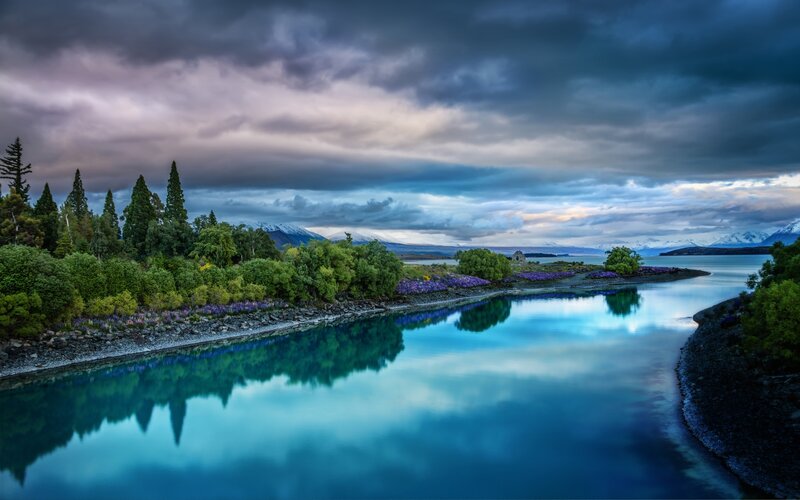 Lake with Mountain Reflection — Blue, Dramatic, Sunset, Photograph