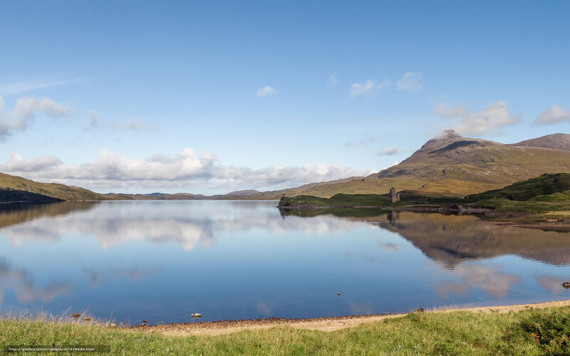 Lake with Mountain Reflection — Blue, Serene, Afternoon, Photograph, Castle Ruin