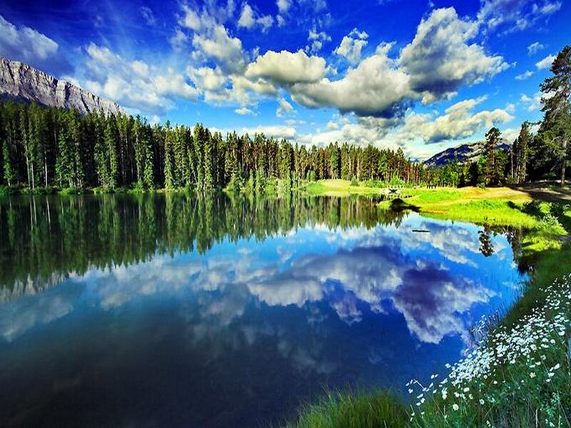 Lake with Mountain Reflection — Blue, Serene, Afternoon, Photograph, Forest, Clouds