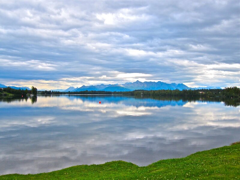 Lake with Mountain Reflection — Blue, Serene, Afternoon, Photograph, Mountains, Clouds