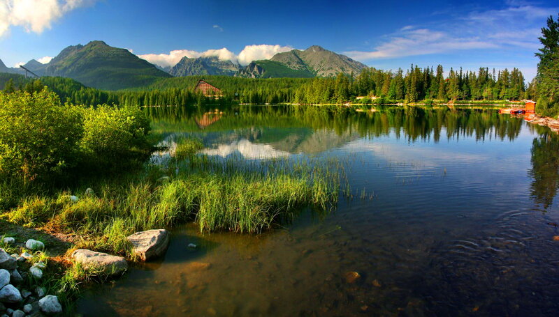 Lake with Mountain Reflection — Blue, Serene, Afternoon, Photograph, Mountains, Forest, Cabin